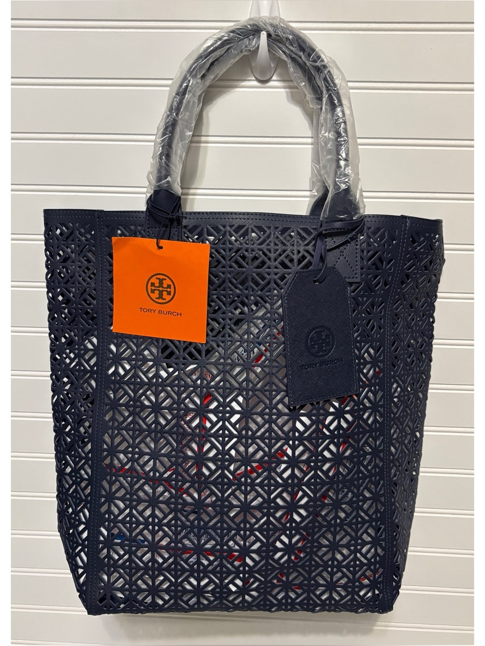 TORY BURCH Blue Perforated Lace Laser Cut Beach Travel Plastic Tote NEW w TAGS